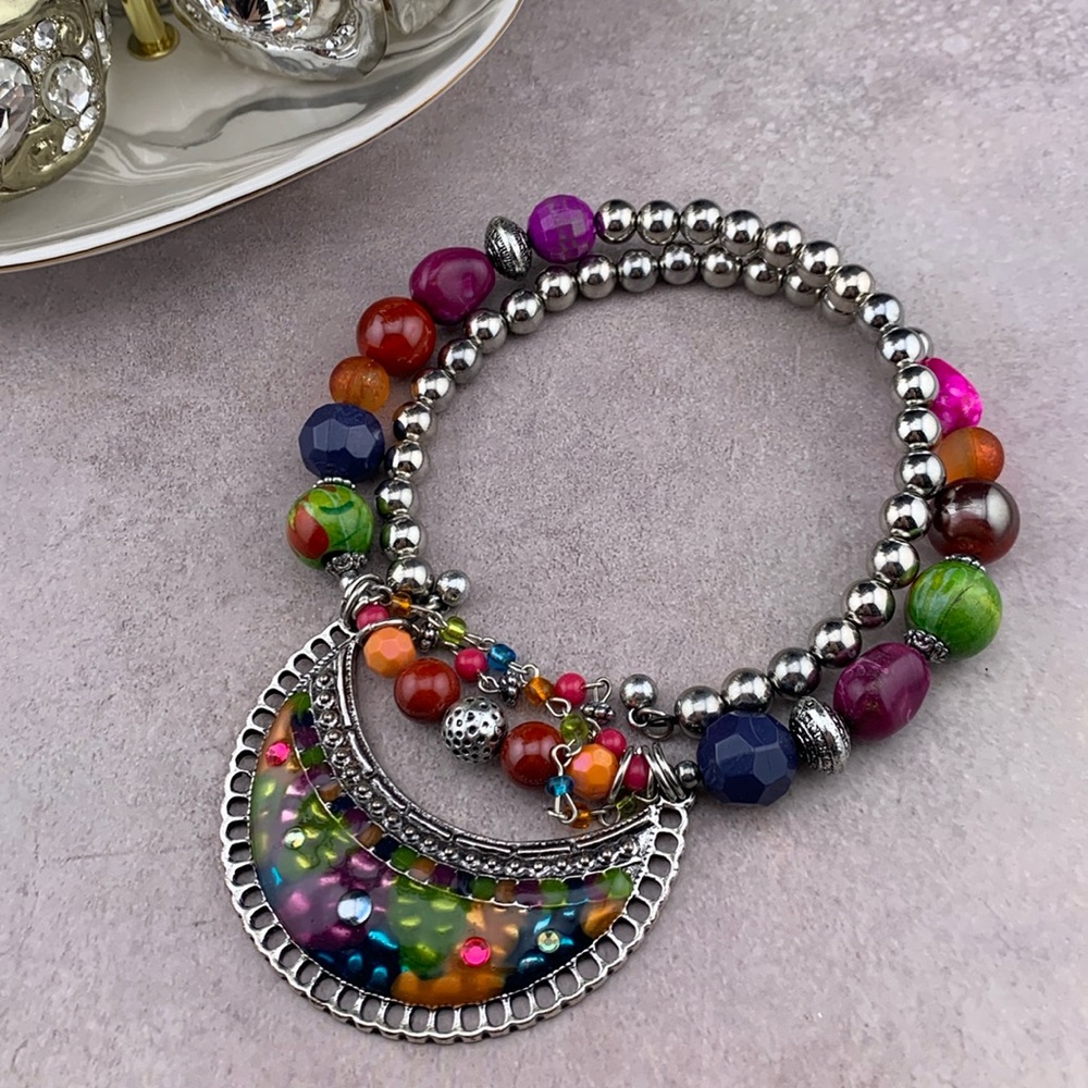 Rainbow Silver Tone Bead Snake Coil Wrap Bib Necklace